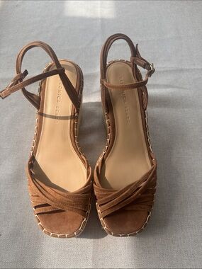 NWOB Veronica Beard Tan Suede Wedge Sandals with Ankle Strap Size 8
